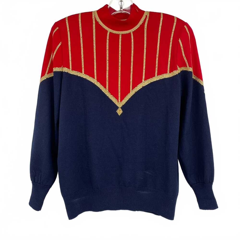 St. John Red & Navy Embellished Mock Neck Sweater | Womens 4